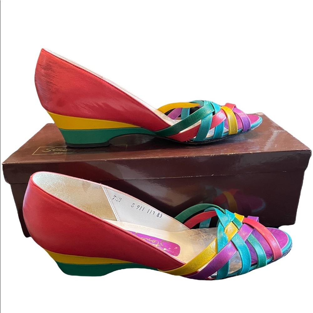 Stanley Philipson women's multi colored wedge heel peep toe shoes